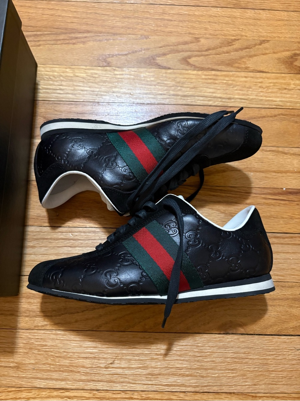 Gucci Black Leather Sneakers with Red and Green Web